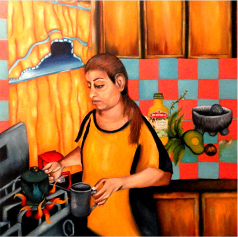 Olga Escobedo painting of Curandera at stove