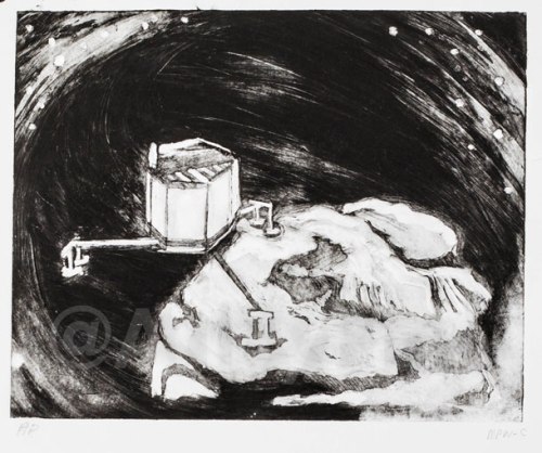 Lander Philae Lands on Comet 67P, 2014, by Mary P Williams. Framed $300